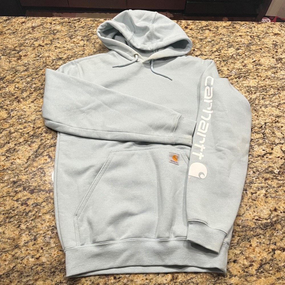 Carhartt Mens Loose Fit Midweight Sleeve Logo Hoodie Light Blue Small